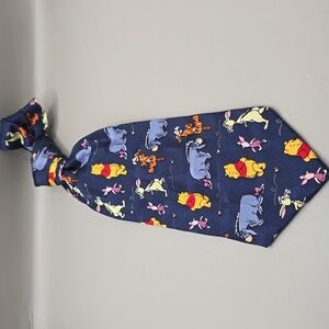 Vtg Disney Winnie the Pooh & Friends Silk Necktie Mens Navy Animation Handmade
